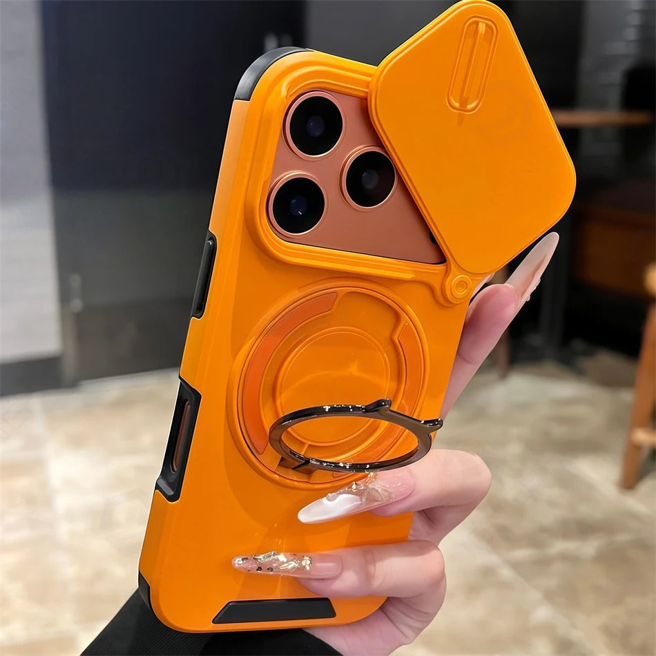 Luxury iPhone Case — Military Armor Magnetic Ring Cover with 360° Rotating Folding Stand, Full Lens Protection & Dual-Layer Shockproof Design