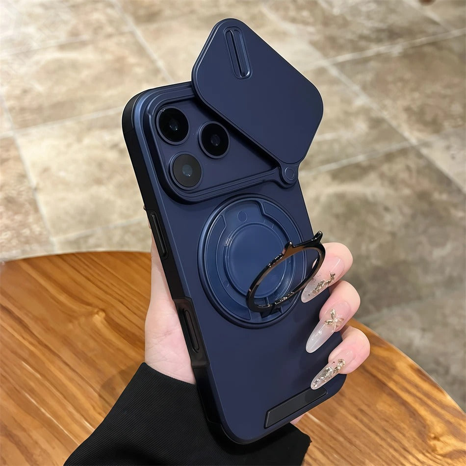 Luxury iPhone Case — Military Armor Magnetic Ring Cover with 360° Rotating Folding Stand, Full Lens Protection & Dual-Layer Shockproof Design