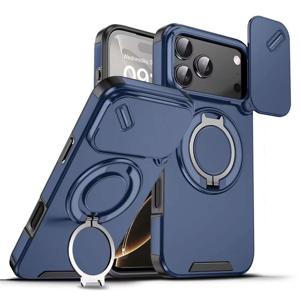 Luxury iPhone Case — Military Armor Magnetic Ring Cover with 360° Rotating Folding Stand, Full Lens Protection & Dual-Layer Shockproof Design