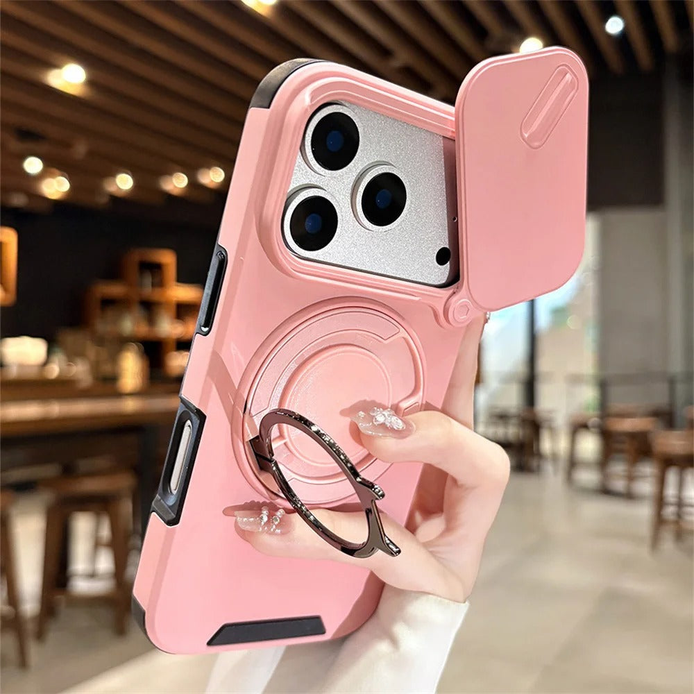 Luxury iPhone Case — Military Armor Magnetic Ring Cover with 360° Rotating Folding Stand, Full Lens Protection & Dual-Layer Shockproof Design