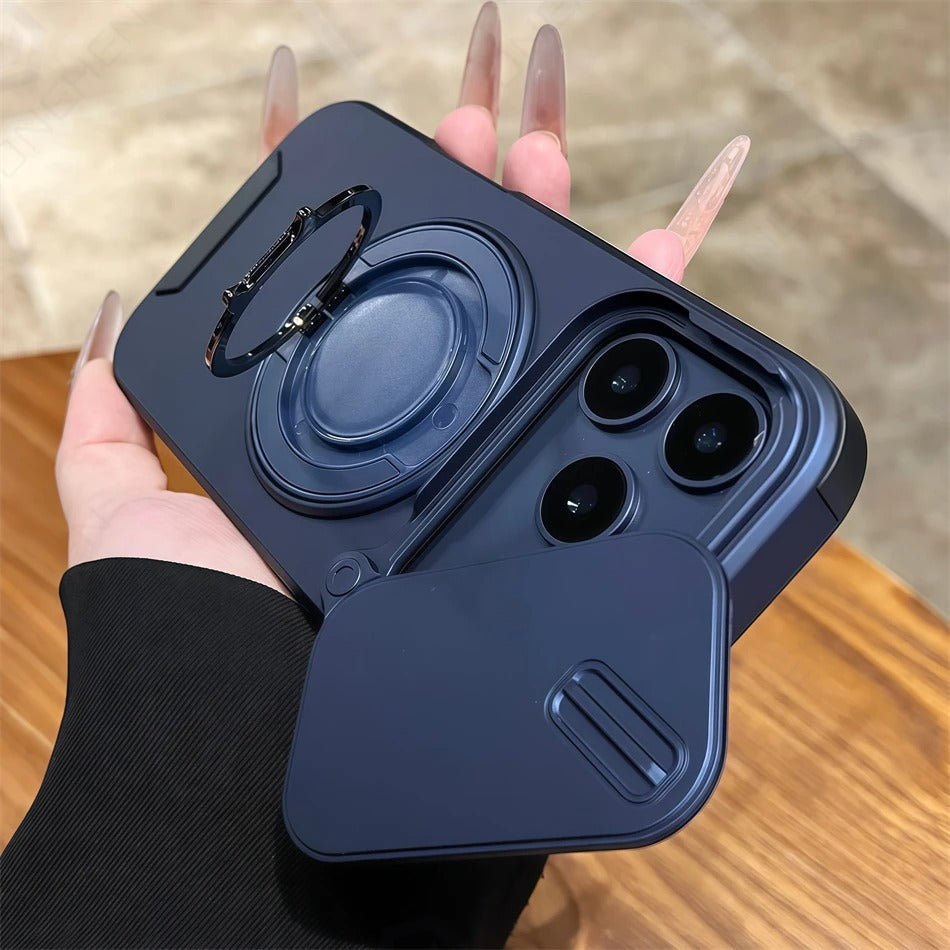 Luxury iPhone Case — Military Armor Magnetic Ring Cover with 360° Rotating Folding Stand, Full Lens Protection & Dual-Layer Shockproof Design