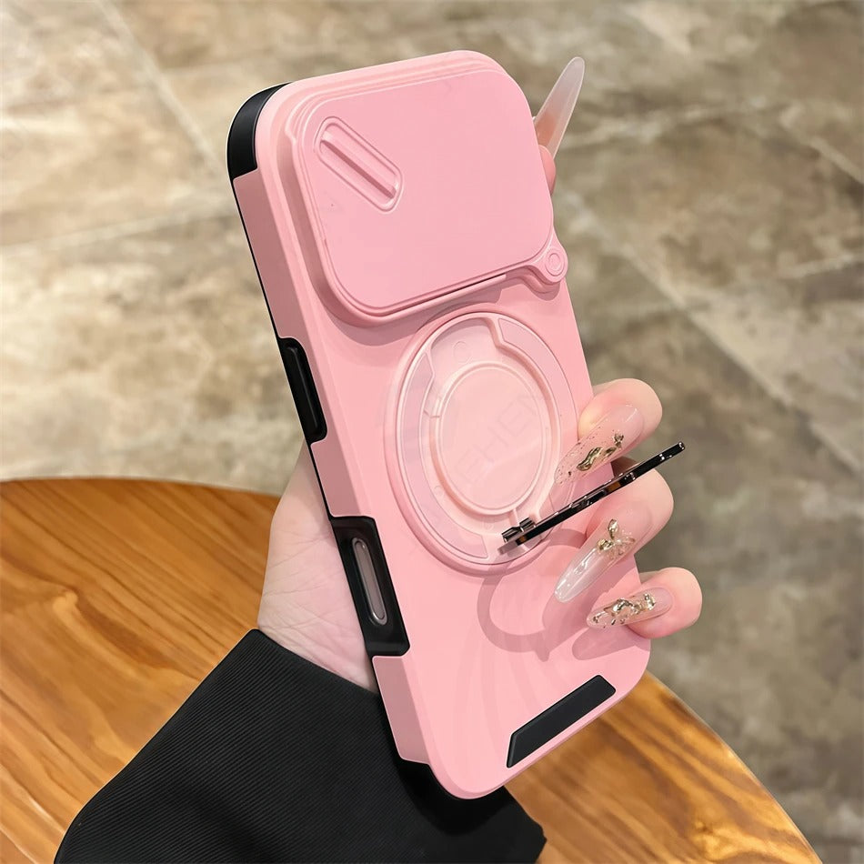 Luxury iPhone Case — Military Armor Magnetic Ring Cover with 360° Rotating Folding Stand, Full Lens Protection & Dual-Layer Shockproof Design