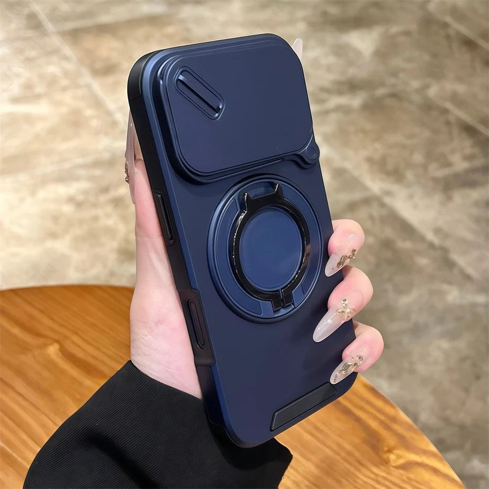 Luxury iPhone Case — Military Armor Magnetic Ring Cover with 360° Rotating Folding Stand, Full Lens Protection & Dual-Layer Shockproof Design