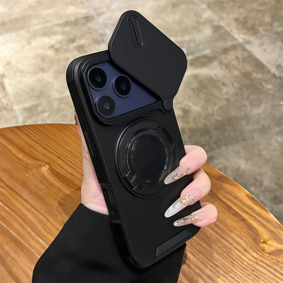 Luxury iPhone Case — Military Armor Magnetic Ring Cover with 360° Rotating Folding Stand, Full Lens Protection & Dual-Layer Shockproof Design