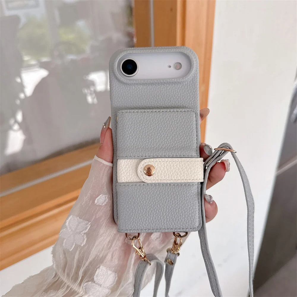 Luxury iPhone Case — Mirror Leather Crossbody Wallet Cover with Card Holder, Lanyard Strap and Shockproof Anti-Fall Protection