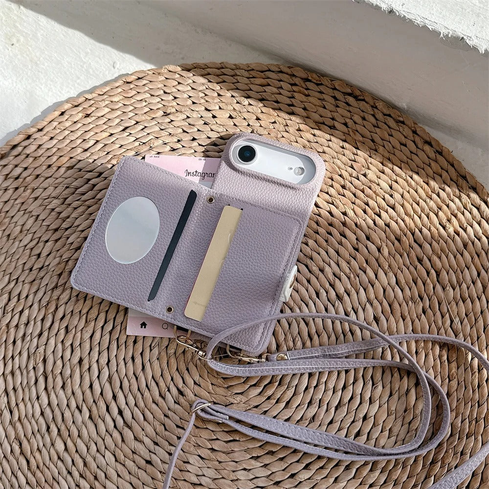 Luxury iPhone Case — Mirror Leather Crossbody Wallet Cover with Card Holder, Lanyard Strap and Shockproof Anti-Fall Protection