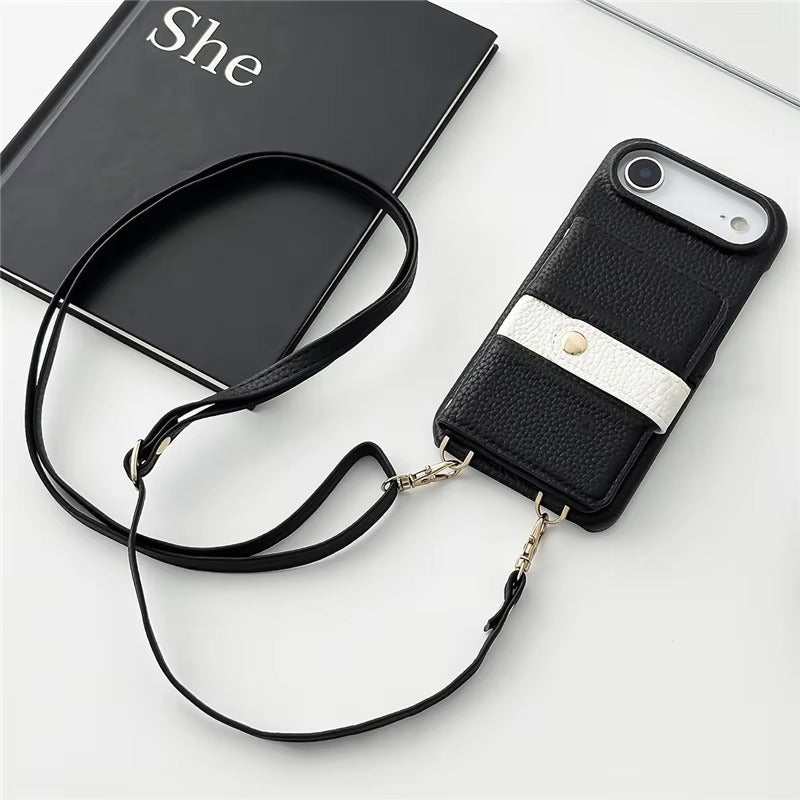 Luxury iPhone Case — Mirror Leather Crossbody Wallet Cover with Card Holder, Lanyard Strap and Shockproof Anti-Fall Protection