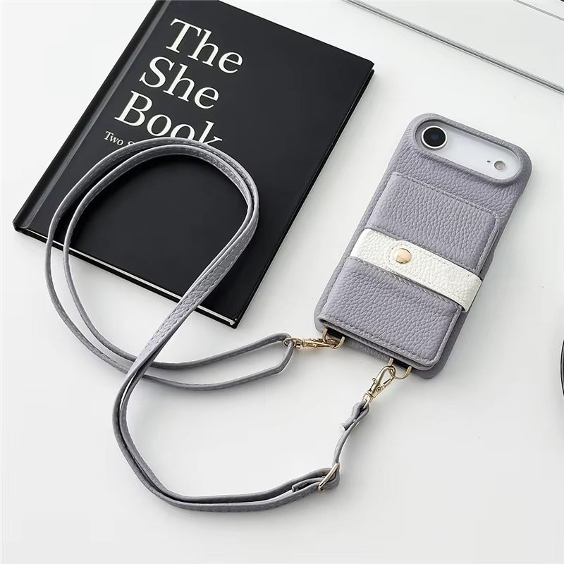 Luxury iPhone Case — Mirror Leather Crossbody Wallet Cover with Card Holder, Lanyard Strap and Shockproof Anti-Fall Protection