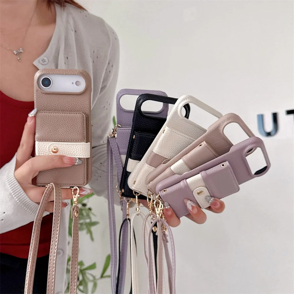 Luxury iPhone Case — Mirror Leather Crossbody Wallet Cover with Card Holder, Lanyard Strap and Shockproof Anti-Fall Protection