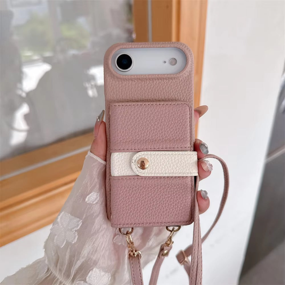Luxury iPhone Case — Mirror Leather Crossbody Wallet Cover with Card Holder, Lanyard Strap and Shockproof Anti-Fall Protection