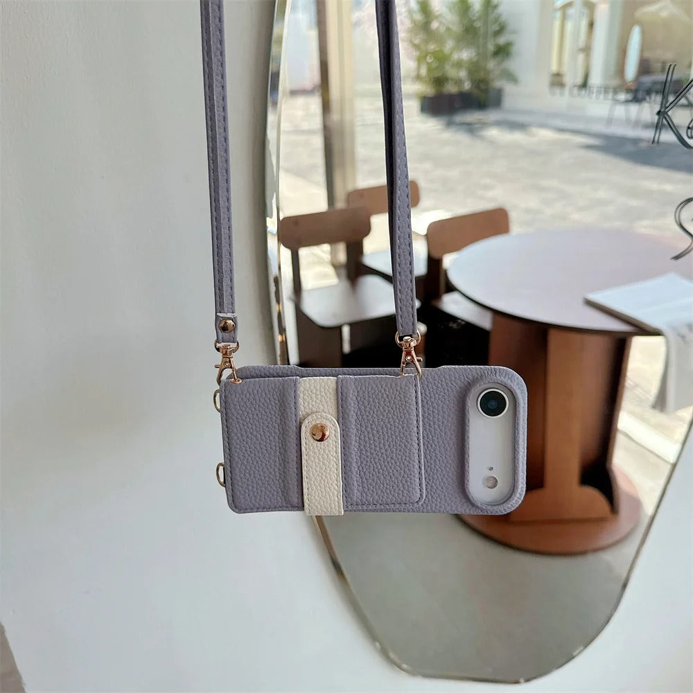 Luxury iPhone Case — Mirror Leather Crossbody Wallet Cover with Card Holder, Lanyard Strap and Shockproof Anti-Fall Protection