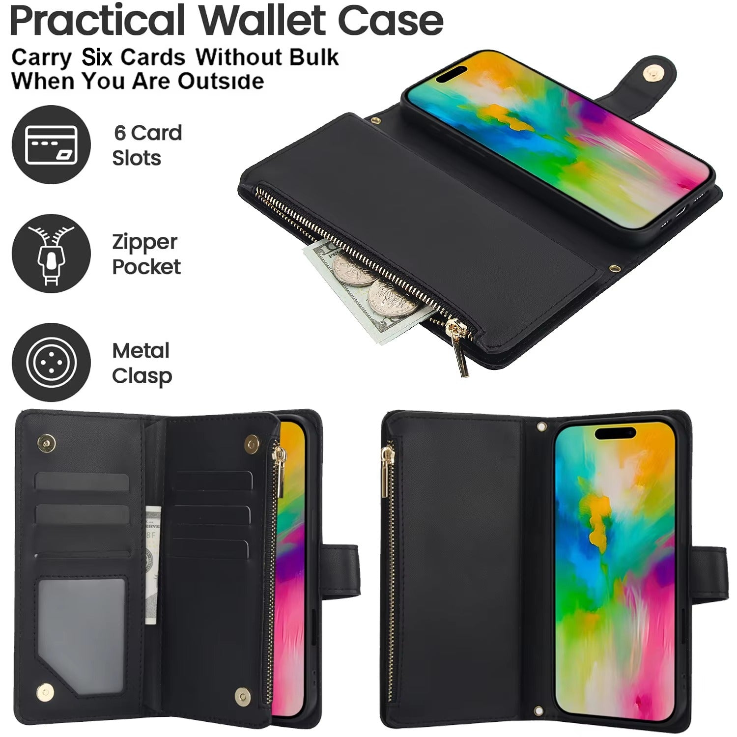 Luxury iPhone Case — Multi-Karal Chain Zipper Wallet Flip Cover with 6-Card Slots, Shockproof, Magnetic, Anti-Scratch, Leather Wallet Case