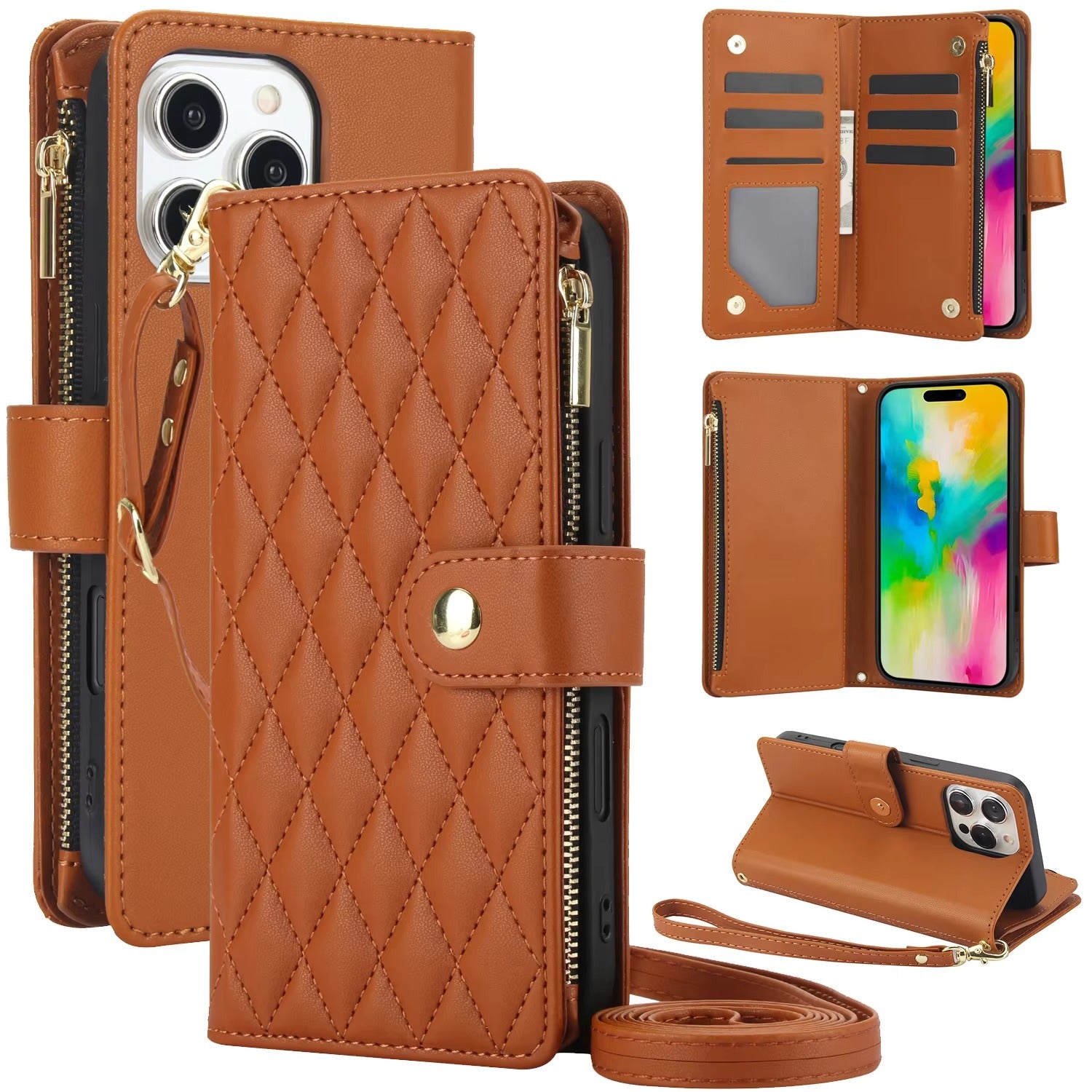 Luxury iPhone Case — Multi-Karal Chain Zipper Wallet Flip Cover with 6-Card Slots, Shockproof, Magnetic, Anti-Scratch, Leather Wallet Case