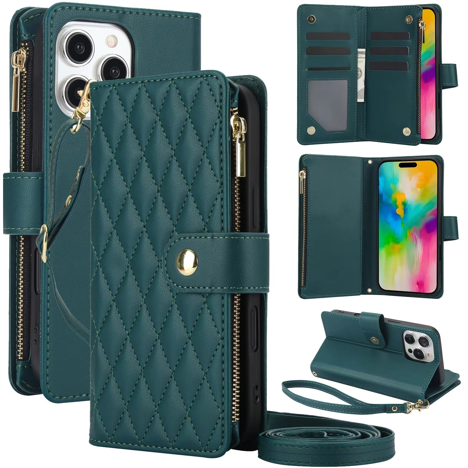Luxury iPhone Case — Multi-Karal Chain Zipper Wallet Flip Cover with 6-Card Slots, Shockproof, Magnetic, Anti-Scratch, Leather Wallet Case