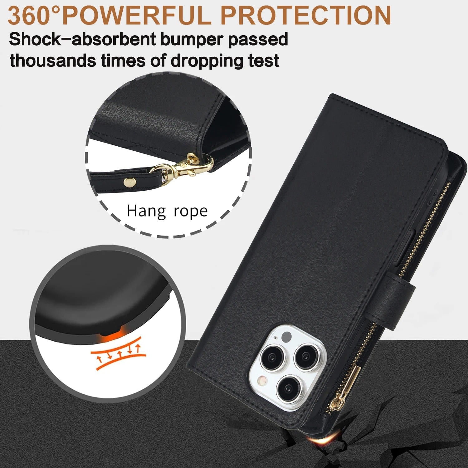 Luxury iPhone Case — Multi-Karal Chain Zipper Wallet Flip Cover with 6-Card Slots, Shockproof, Magnetic, Anti-Scratch, Leather Wallet Case