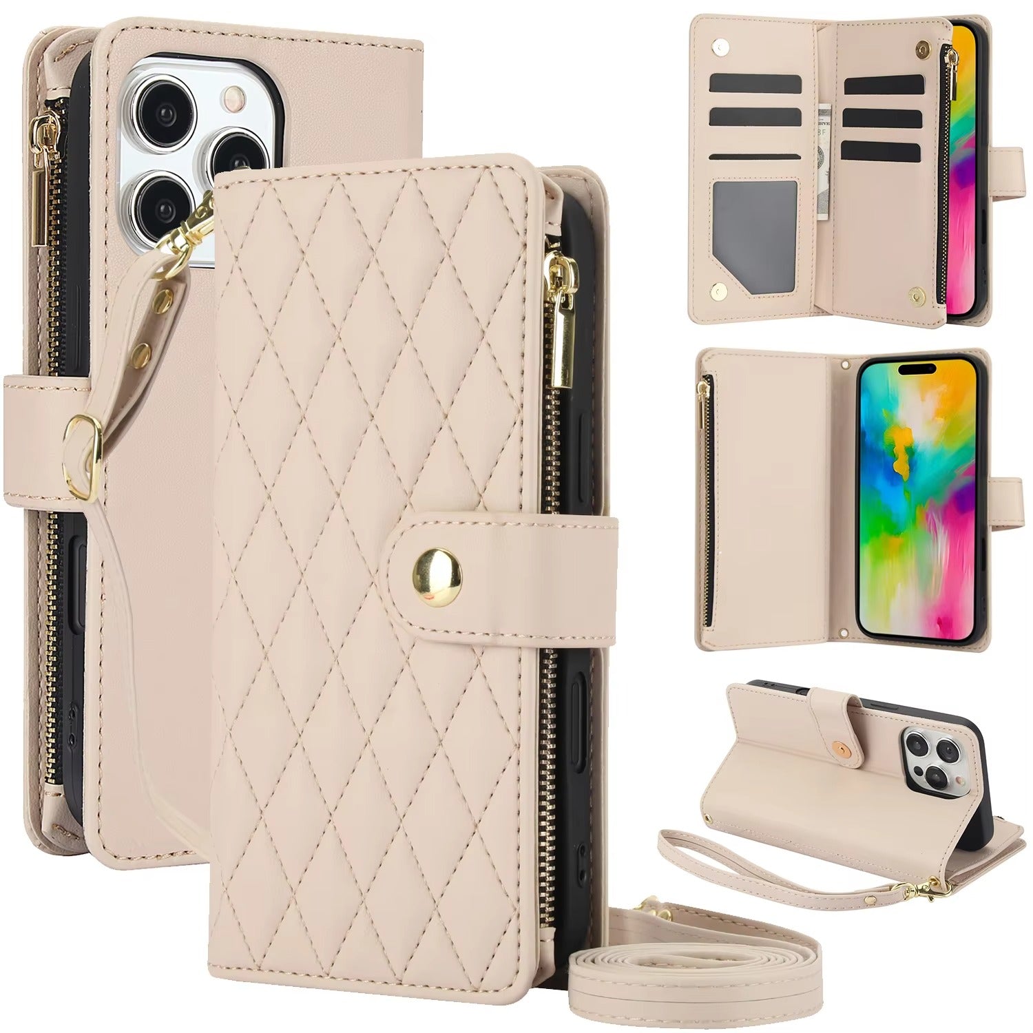 Luxury iPhone Case — Multi-Karal Chain Zipper Wallet Flip Cover with 6-Card Slots, Shockproof, Magnetic, Anti-Scratch, Leather Wallet Case