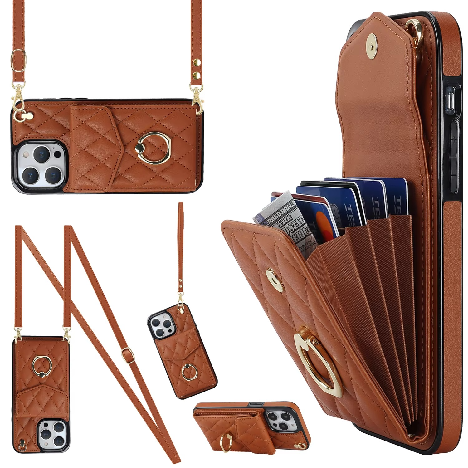 Luxury iPhone Case — PU Leather Crossbody Wallet Cover with Multi Card Slots, Ring Holder Lanyard, Magnetic Closure and Shockproof Anti-Fingerprint Protection