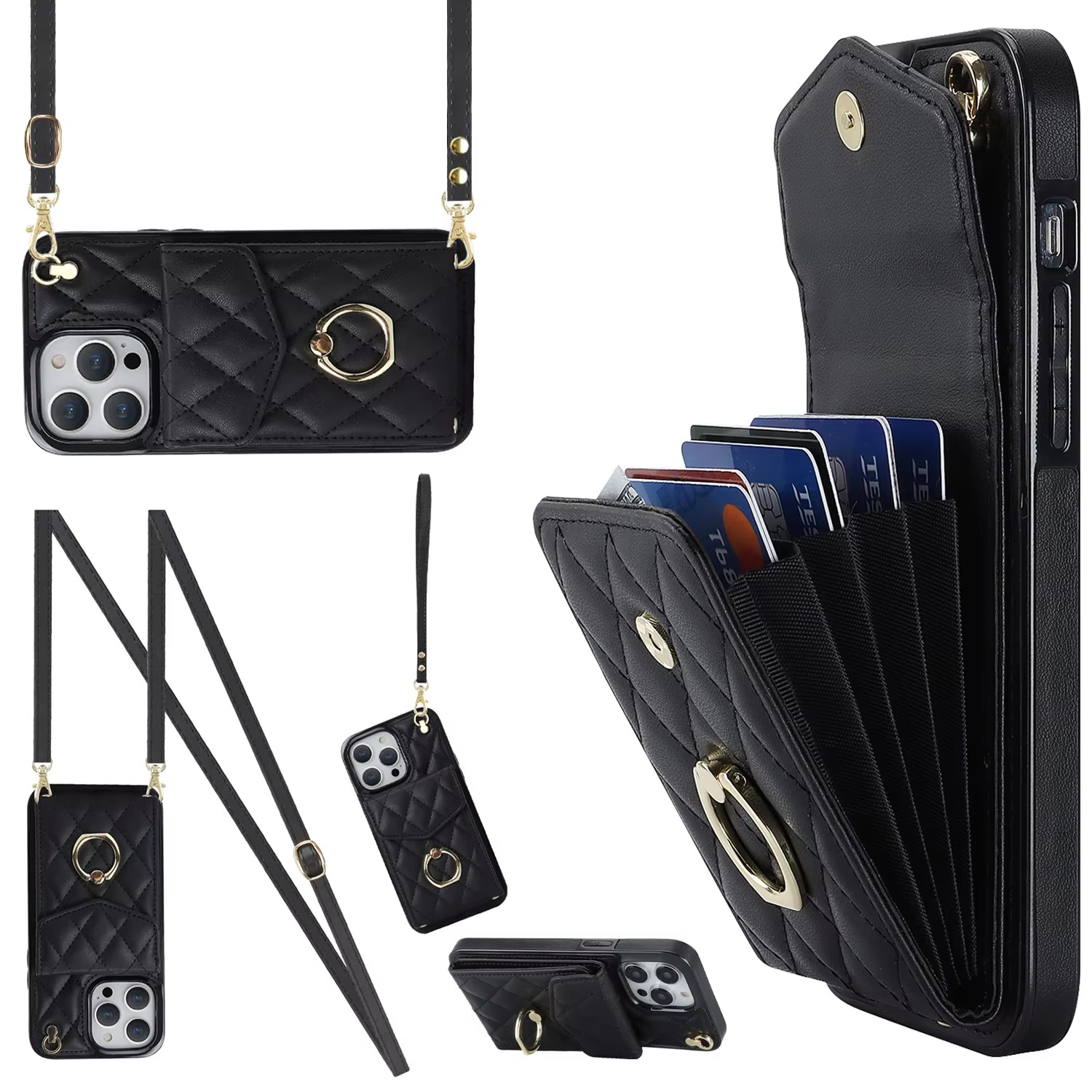 Luxury iPhone Case — PU Leather Crossbody Wallet Cover with Multi Card Slots, Ring Holder Lanyard, Magnetic Closure and Shockproof Anti-Fingerprint Protection