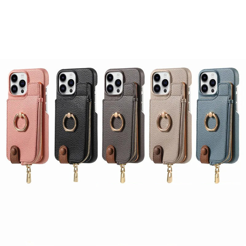 Luxury iPhone Case — PU Leather Zipper Wallet Cover with Card Holder, Ring Kickstand, Lanyard Strap and Magnetic Anti-Fingerprint Protection