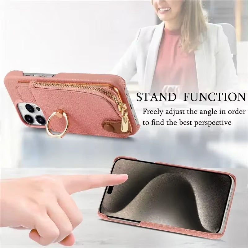Luxury iPhone Case — PU Leather Zipper Wallet Cover with Card Holder, Ring Kickstand, Lanyard Strap and Magnetic Anti-Fingerprint Protection