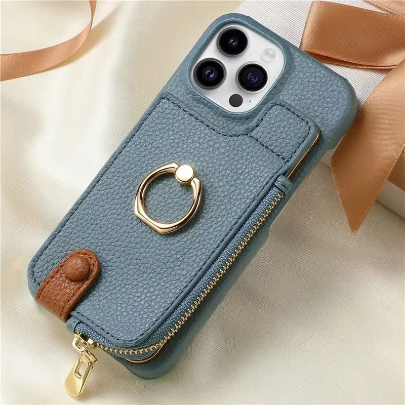Luxury iPhone Case — PU Leather Zipper Wallet Cover with Card Holder, Ring Kickstand, Lanyard Strap and Magnetic Anti-Fingerprint Protection