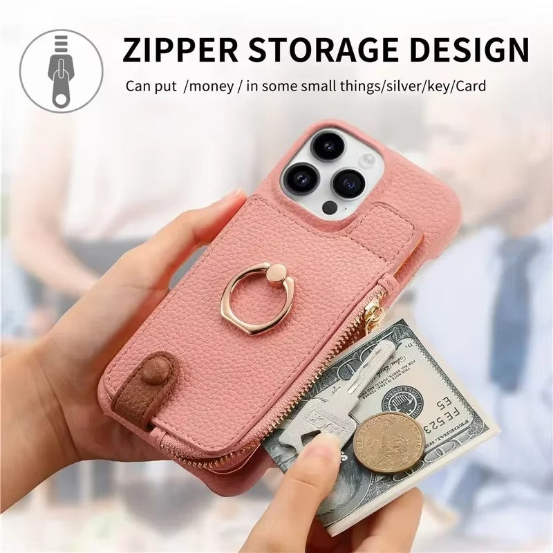 Luxury iPhone Case — PU Leather Zipper Wallet Cover with Card Holder, Ring Kickstand, Lanyard Strap and Magnetic Anti-Fingerprint Protection