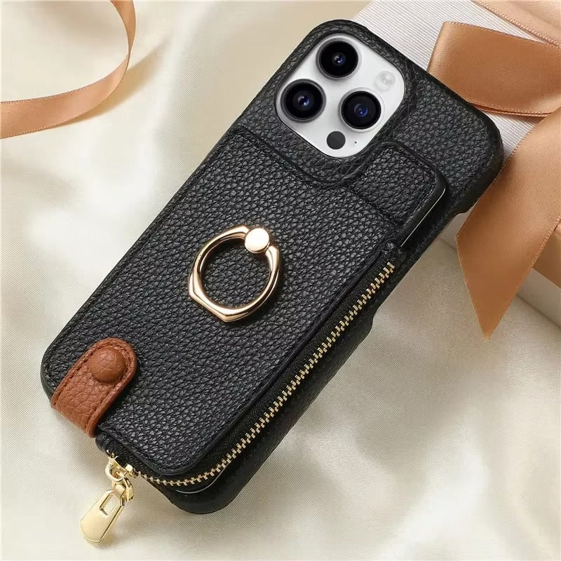 Luxury iPhone Case — PU Leather Zipper Wallet Cover with Card Holder, Ring Kickstand, Lanyard Strap and Magnetic Anti-Fingerprint Protection