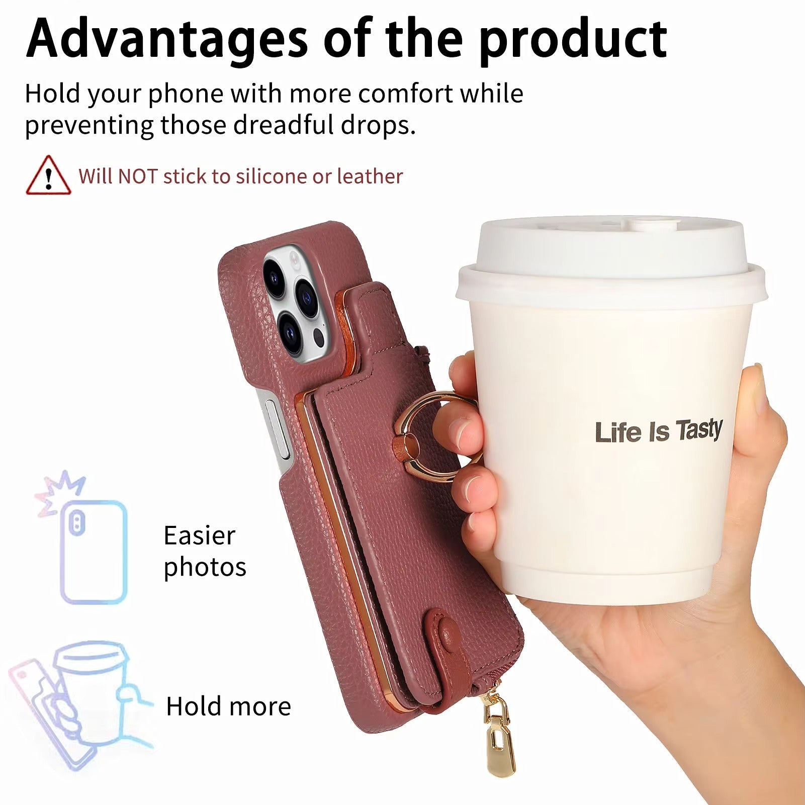 Luxury iPhone Case — PU Leather Zipper Wallet Cover with Card Holder, Ring Kickstand, Lanyard Strap and Magnetic Anti-Fingerprint Protection