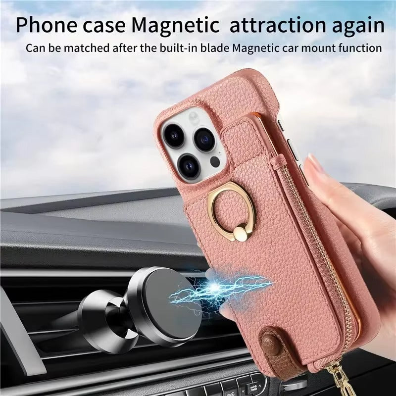 Luxury iPhone Case — PU Leather Zipper Wallet Cover with Card Holder, Ring Kickstand, Lanyard Strap and Magnetic Anti-Fingerprint Protection