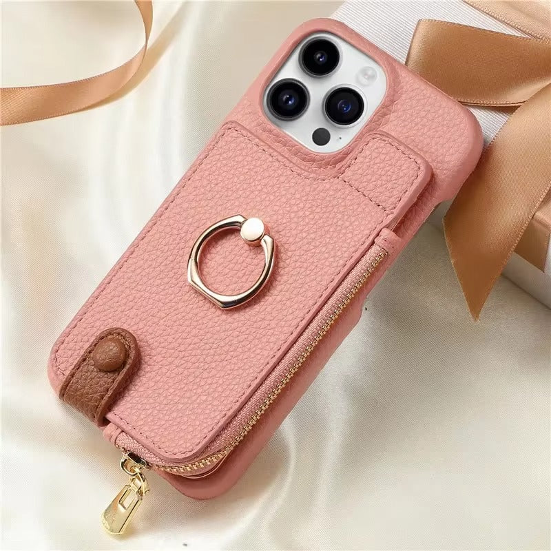 Luxury iPhone Case — PU Leather Zipper Wallet Cover with Card Holder, Ring Kickstand, Lanyard Strap and Magnetic Anti-Fingerprint Protection