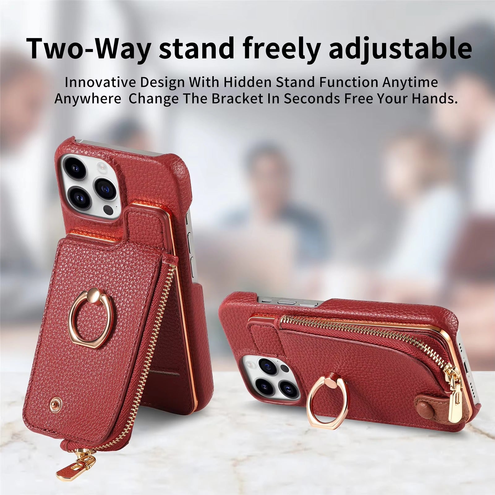 Luxury iPhone Case — PU Leather Zipper Wallet Cover with Card Holder, Ring Kickstand, Lanyard Strap and Magnetic Anti-Fingerprint Protection
