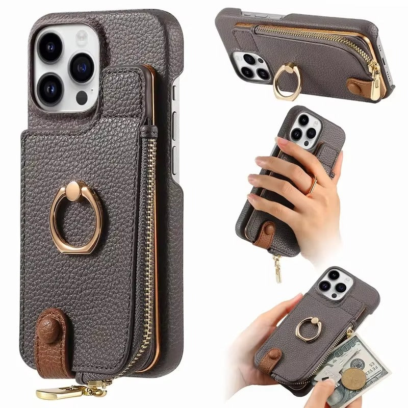 Luxury iPhone Case — PU Leather Zipper Wallet Cover with Card Holder, Ring Kickstand, Lanyard Strap and Magnetic Anti-Fingerprint Protection