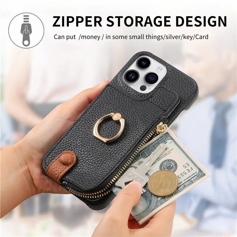 Luxury iPhone Case — PU Leather Zipper Wallet Cover with Card Holder, Ring Kickstand, Lanyard Strap and Magnetic Anti-Fingerprint Protection