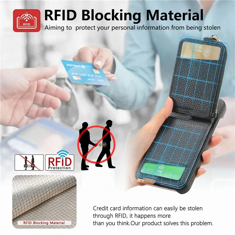 Luxury iPhone Case — PU Leather Zipper Wallet Cover with Card Holder, Ring Kickstand, Lanyard Strap and Magnetic Anti-Fingerprint Protection