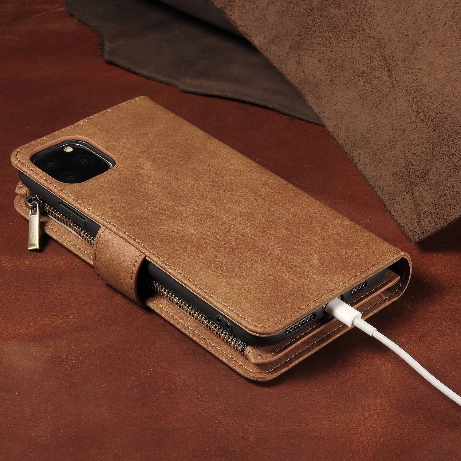 Luxury iPhone Case — Premium Leather Wallet with Zipper, Magnetic Flip, Card Slots, Shockproof & Non-Slip Design