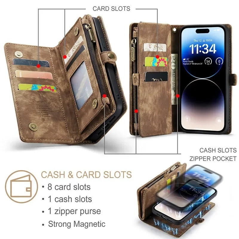 Luxury iPhone Case — Removable Magnetic Wallet Cover with Metal Zipper, 8-Slot Card Purse, Anti-Fingerprint Leather Design and Lanyard Strap