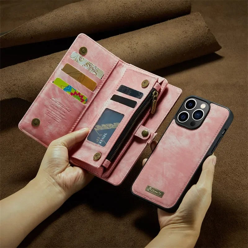 Luxury iPhone Case — Removable Magnetic Wallet Cover with Metal Zipper, 8-Slot Card Purse, Anti-Fingerprint Leather Design and Lanyard Strap