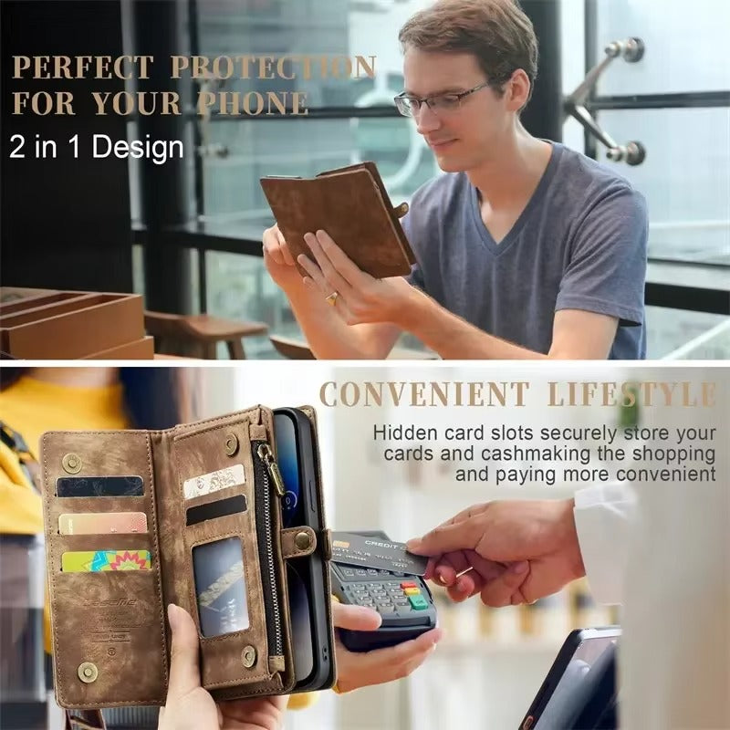 Luxury iPhone Case — Removable Magnetic Wallet Cover with Metal Zipper, 8-Slot Card Purse, Anti-Fingerprint Leather Design and Lanyard Strap