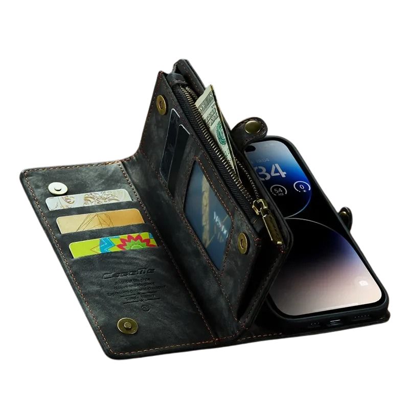 Luxury iPhone Case — Removable Magnetic Wallet Cover with Metal Zipper, 8-Slot Card Purse, Anti-Fingerprint Leather Design and Lanyard Strap