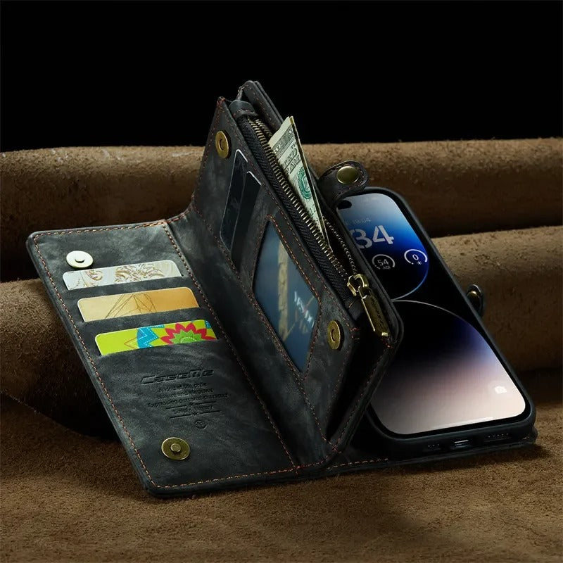 Luxury iPhone Case — Removable Magnetic Wallet Cover with Metal Zipper, 8-Slot Card Purse, Anti-Fingerprint Leather Design and Lanyard Strap