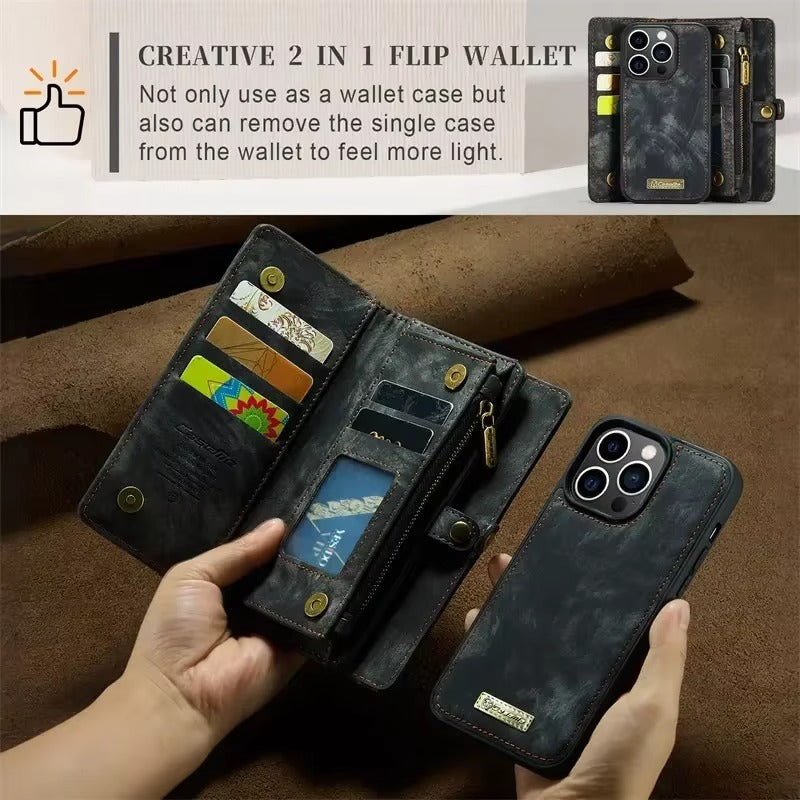 Luxury iPhone Case — Removable Magnetic Wallet Cover with Metal Zipper, 8-Slot Card Purse, Anti-Fingerprint Leather Design and Lanyard Strap