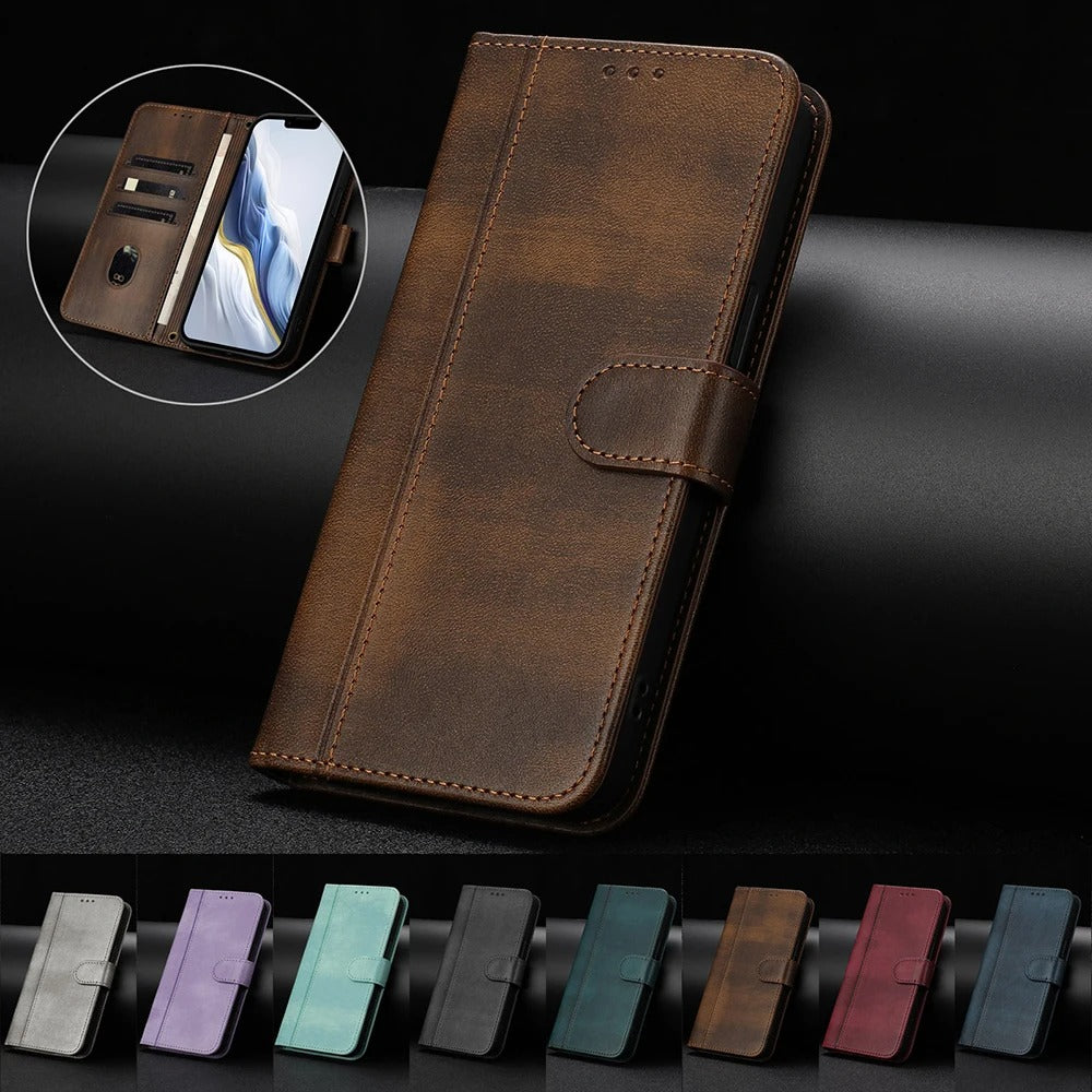 Luxury iPhone Case — Retro Leather Flip Wallet with Card Slots, Magnetic, Shockproof, Dustproof, Soft Non-Slip Cover with Stand