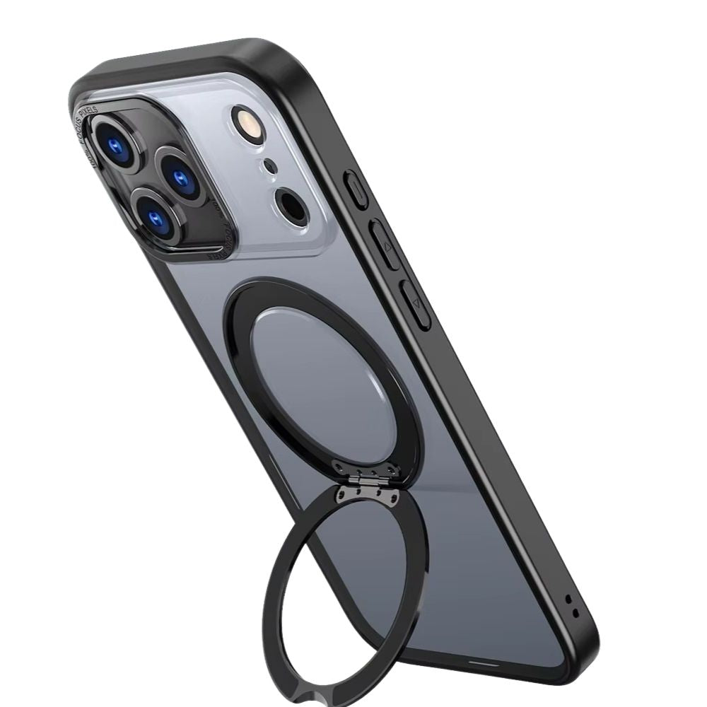 Luxury iPhone Case — Rotating Magnetic Ring Fold Stand Cover with Clear Acrylic Back, Full Lens Protection & Shockproof Bumper Design