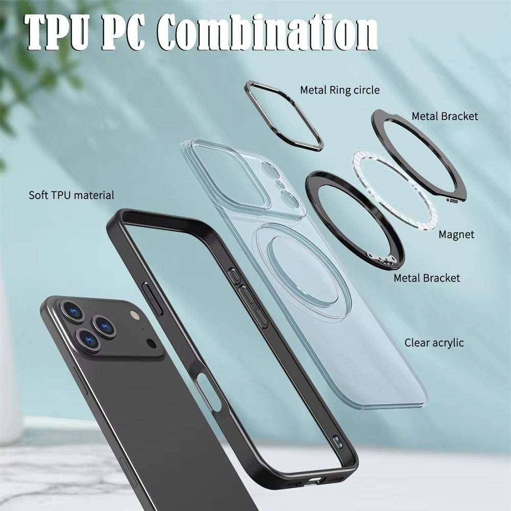 Luxury iPhone Case — Rotating Magnetic Ring Fold Stand Cover with Clear Acrylic Back, Full Lens Protection & Shockproof Bumper Design