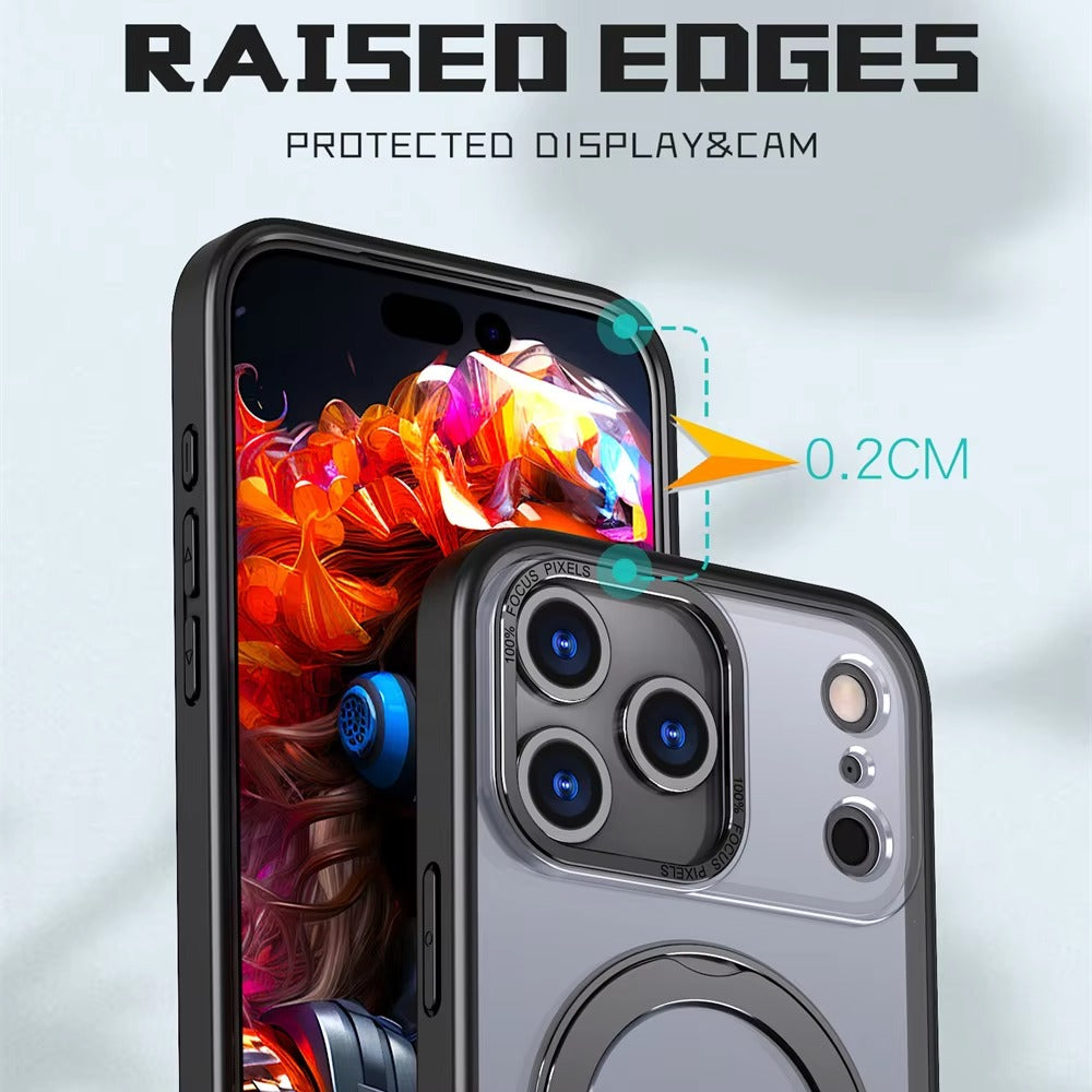Luxury iPhone Case — Rotating Magnetic Ring Fold Stand Cover with Clear Acrylic Back, Full Lens Protection & Shockproof Bumper Design