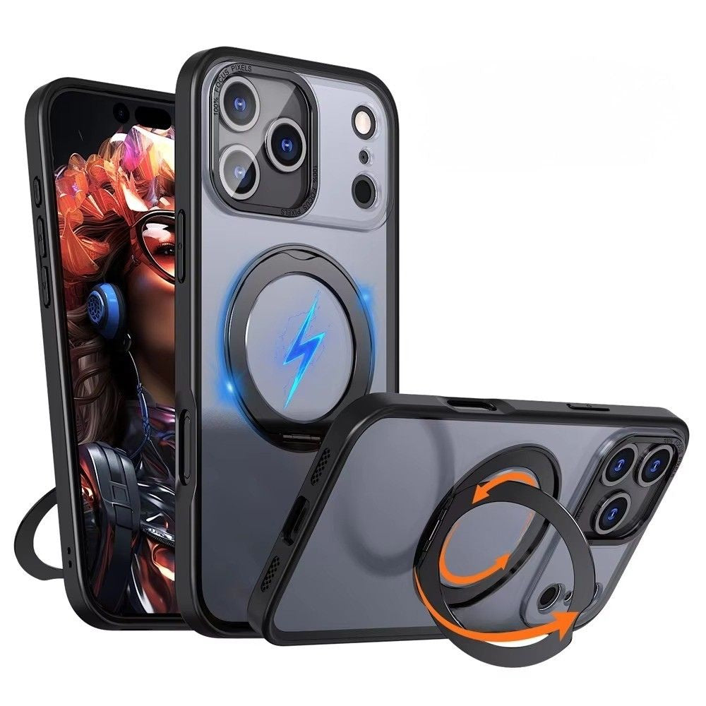 Luxury iPhone Case — Rotating Magnetic Ring Fold Stand Cover with Clear Acrylic Back, Full Lens Protection & Shockproof Bumper Design