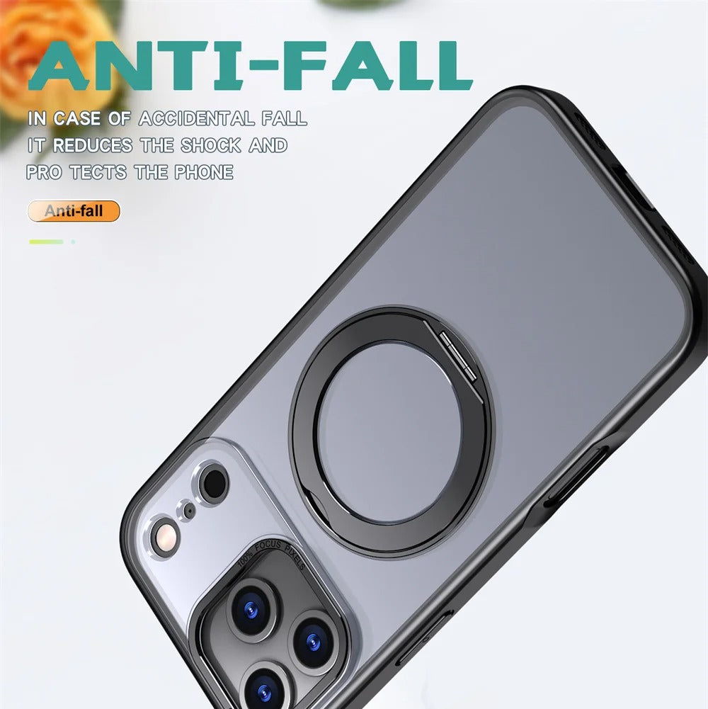 Luxury iPhone Case — Rotating Magnetic Ring Fold Stand Cover with Clear Acrylic Back, Full Lens Protection & Shockproof Bumper Design