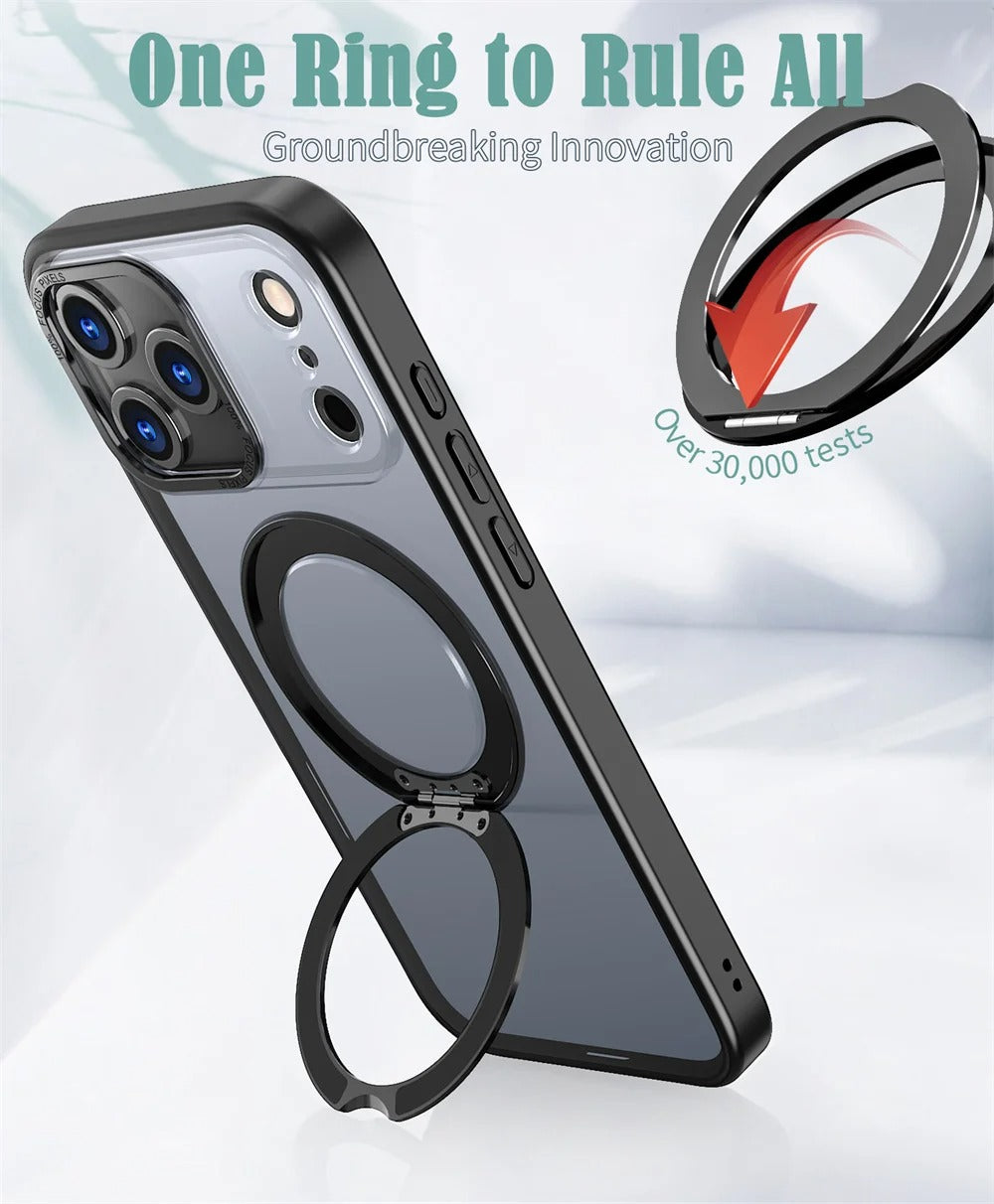 Luxury iPhone Case — Rotating Magnetic Ring Fold Stand Cover with Clear Acrylic Back, Full Lens Protection & Shockproof Bumper Design