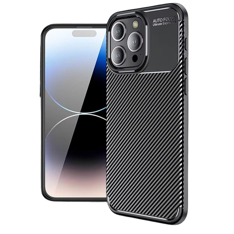 Luxury iPhone Case — Shockproof Carbon Fiber Pattern TPU Cover with Anti-Fingerprint Full-Protection Transparent Back Design
