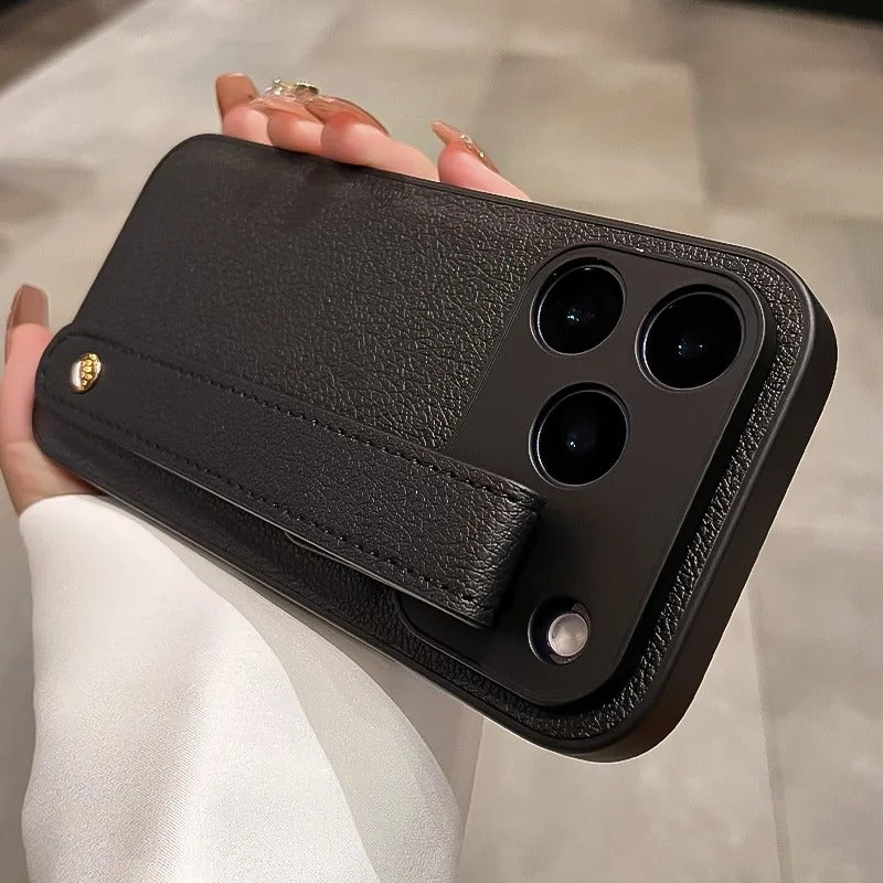 Luxury iPhone Case — Soft Leather Cover with Wrist Strap, Shockproof PC Backing, Anti-Fingerprint Lightweight Non-Slip Design